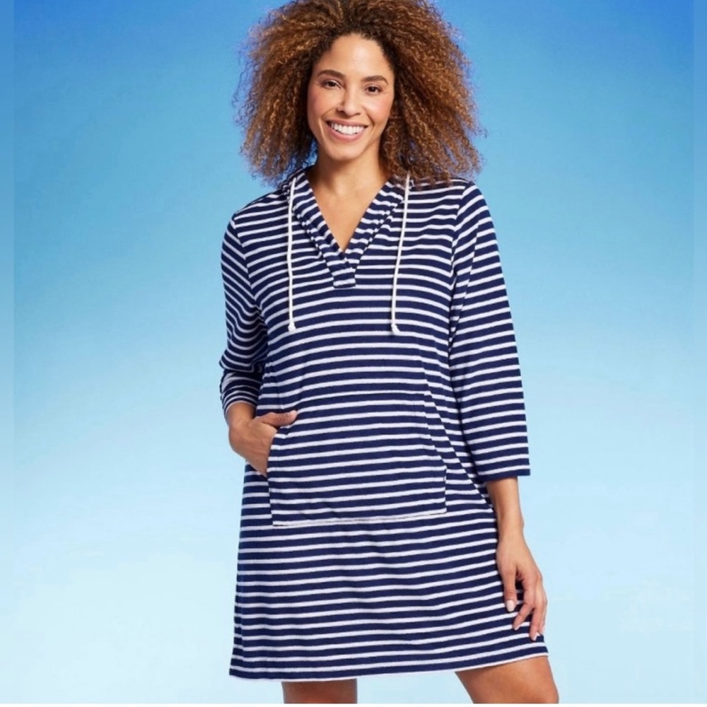 Lands' End NavyWhite Striped Hooded Terrycloth top coverup dress kangaroo pocket